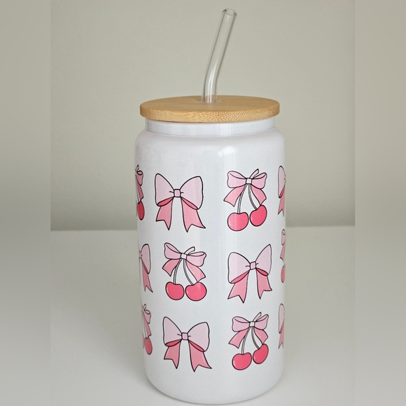 Coquette Bow Iridescent Shimmer White Glitter Beer Can Glass Cup - Picture 2 of 4